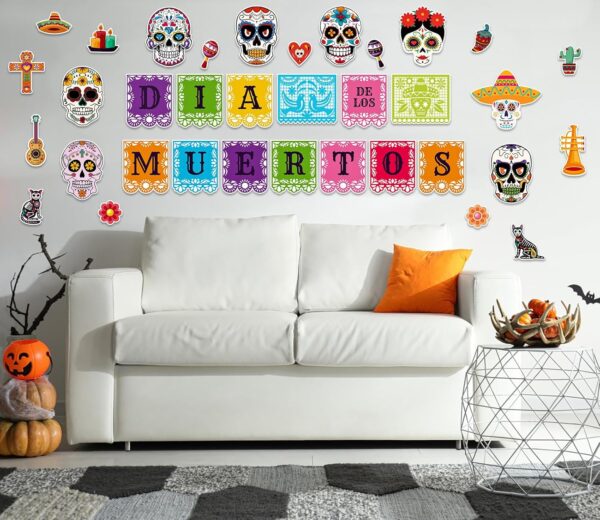 JUESMOS Day of The Dead Decorations Sugar Skull Cutouts Halloween Decor Dia De Los Muertos Colorful Skull Cutouts for Kids Students Classroom Bulletin Board Wall Decor Mexican Fiesta Party Supplies - Image 8