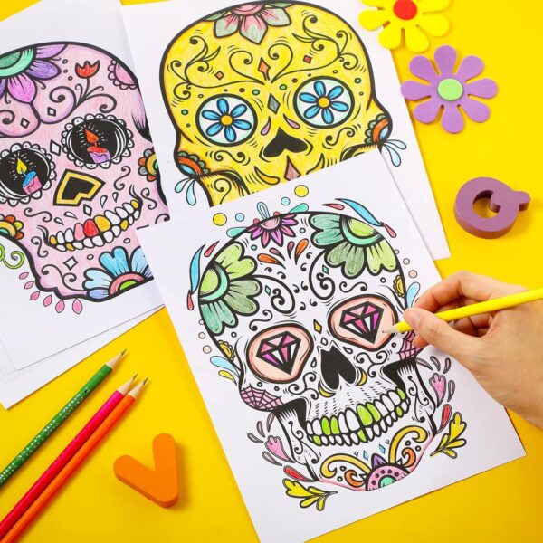 32 Pieces Day of The Dead Coloring Posters Sugar Skull Paper Coloring Poster for Kids or Adults Halloween and Dia De Los Muertos Craft Painting Activity - Image 5