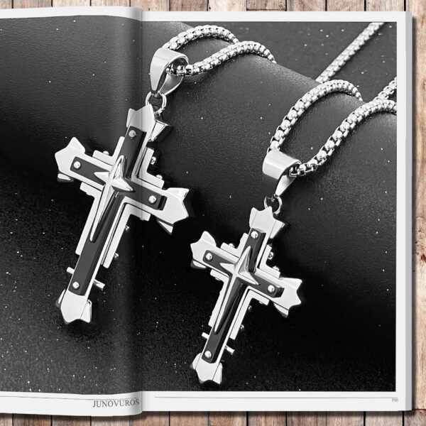 JUNOVUROS Stainless Steel Jesus Christ Cross Pendant Necklace for Men, 20 to 28 In Rolo/Byzantine Chain, 2 Sizes of Religious Jewelry with Silver/Gold/Black - Image 5
