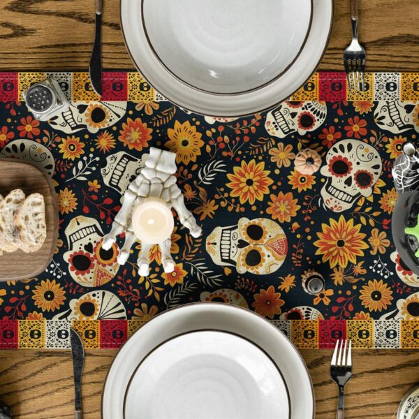 Artoid Mode Sugar Skull Yellow Daisy Day of The Dead Table Runner, Dia De Los Muertos Mexican Kitchen Dining Table Decoration for Home Party Decor 13x72 Inch - Image 3