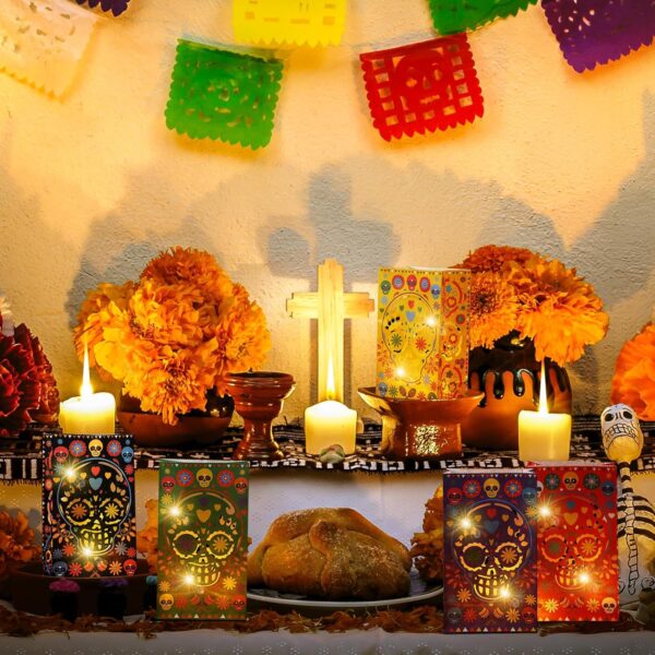 Ireer 30 Pieces Halloween Day of The Dead Luminary Bags - Dia De Los Muertos Candy Bag - Flame Resistant Candle Bag - Sugar Skull Gift Goodie for Mexican Fiesta Halloween Party Favors Supplies - Image 6