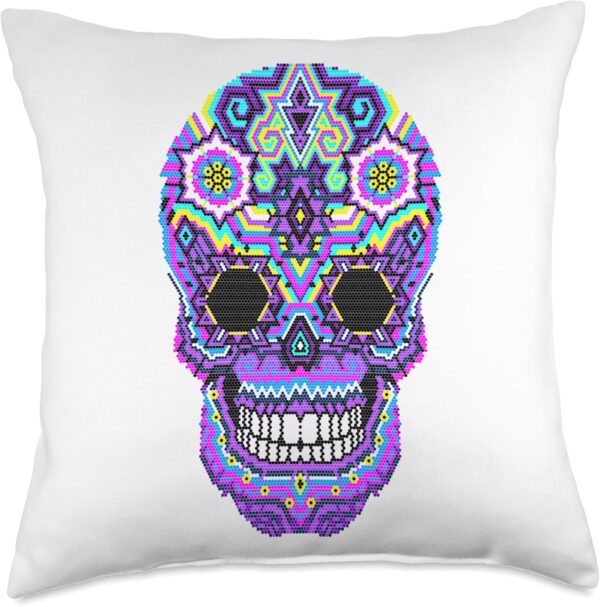 Dia de los Muertos Sugar Skull Huichol Mexican Art Design Throw Pillow