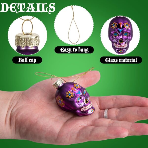 12 Pcs Day of The Dead Glass Ornaments- Dia De Los Muertos Sugar Skull Decorations- Halloween Hanging Skeleton Head Ornaments for Parties Xmas Tree Decoration - Image 3