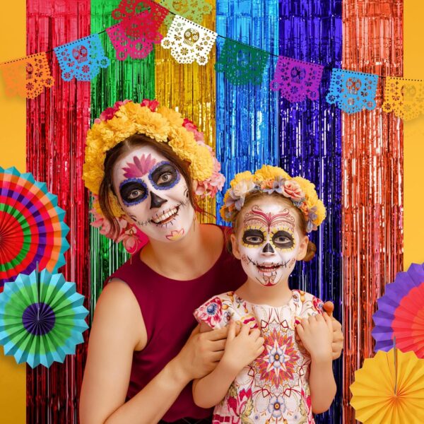 Mega-L Cinco de Mayo Decorations, 2 Pack Fiesta Foil Fringe Curtains Backdrop, 3.3x6.6ft Mexican Themed Tinsel Streamers, Perfect for Spain Taco Party Photo Booth Props, Dia De Los Muertos Decor - Image 6