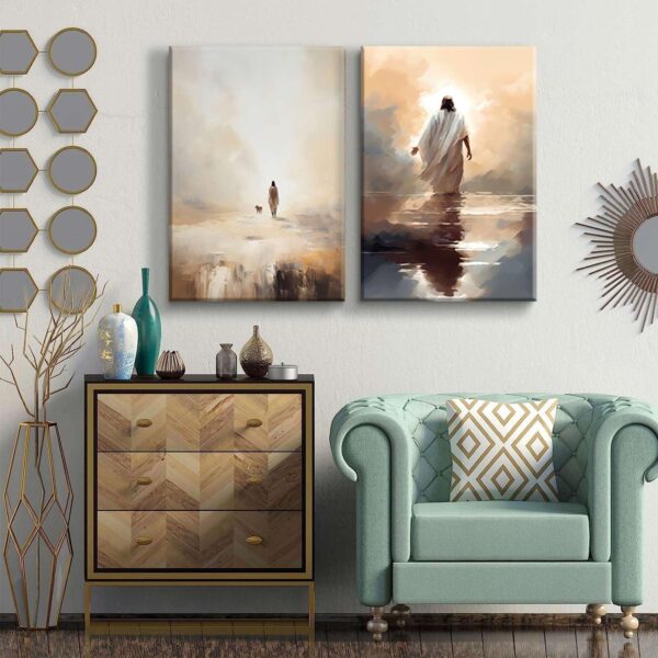 2Pcs Framed Jesus And Lamb Posters Jesus Walking In Waters Wall Art Print Retro Jesus Oil Painting Christian Religion Bible Inspirational Images Jesus Poster Jesus Painting Decoration 12x16 - Image 3