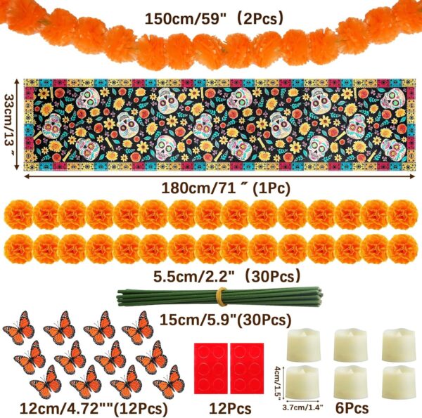 83pcs Dia De Los Muertos Decorations Ofrenda Kit - Day of the Dead Altar Decor Set,2 Marigold Garland 30 Marigold Flowers & Stems,Table Runner,12 Monarch Butterfly 6 Candle (table runner-Skull) - Image 2