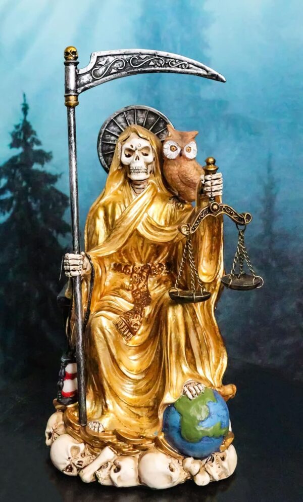 Ebros Gift Santa Muerte Holding Scythe Hourglass and Scales of Justice with Wise Owl Seated On Throne Figurine Holy Death Bone Mother Patron of Wealth Protection Purity Love Health (Gold) - Image 2