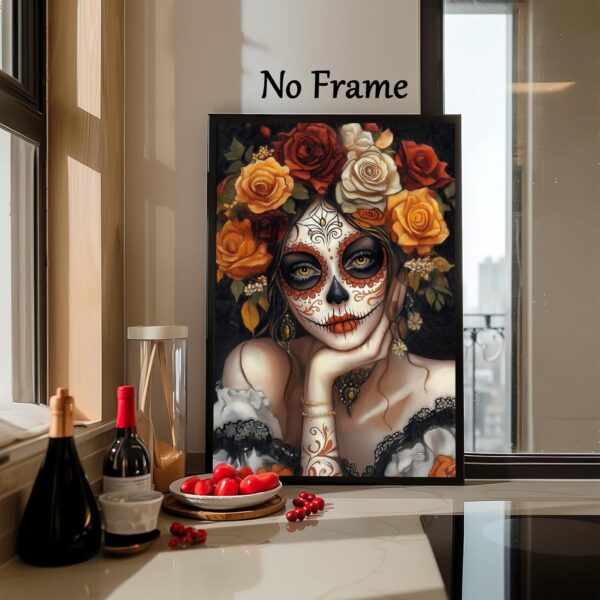 Sugar Skull Girl Wall Art Halloween Themed Prints Ghost Portrait Canvas Dark Academia Painting Mexican Skeleton Poster Witch Halloween Pictures Dark Moody Artwork Sugar Skull Wall Art 16x24in No Frame - Image 7
