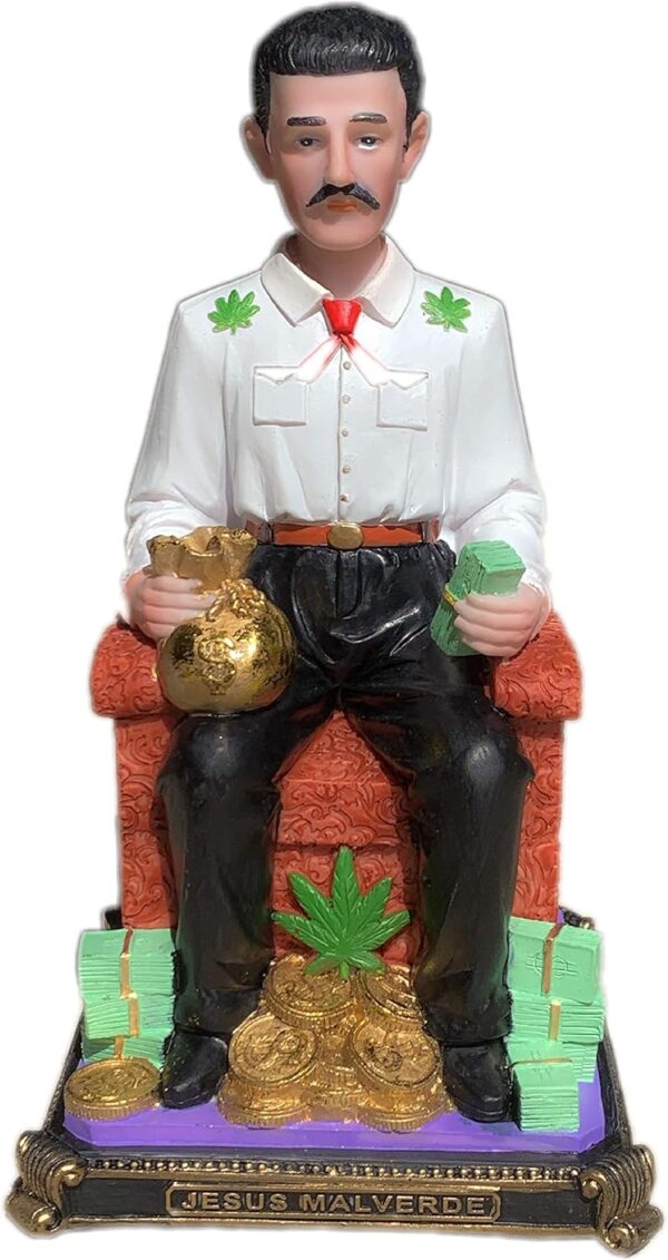 Jesus Malverde Sitting Religious Figurine Mexico Estatua 10" Inch Tall (Polyresin)