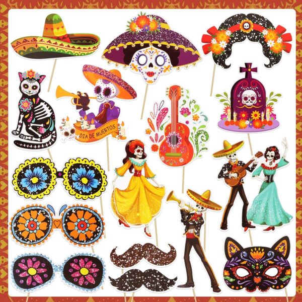HOWAF Glitter Day of The Dead Photo Booth Props, Dia De Los Muertos Skull Decorations Photo Props Kits for Day of The Dead Party Favor, Mexican Fiesta Halloween Glitter Prop Pose Sign 30pcs - Image 3