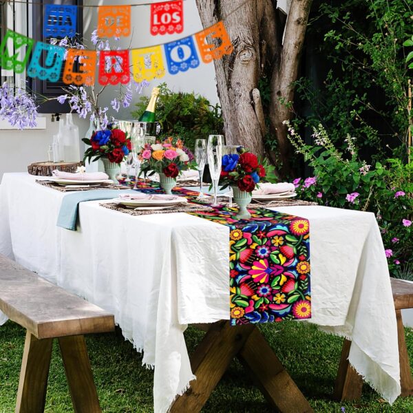 Mexican Table Runners for Party, Dia De Los Muertos Altar, Day of The Dead Decorations, Flowers Fiesta 70.9×13 Inch - Image 3