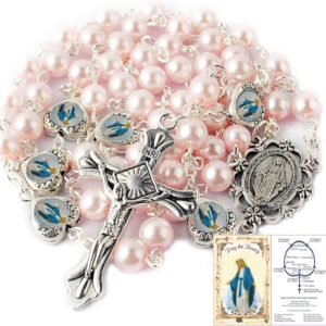 HanlinCC Glass Pearl Beads with Miraculous Epoxy Heart Metal Beads Rosary Necklace pack in Velvet Gift Bag with Rosary Pray Card