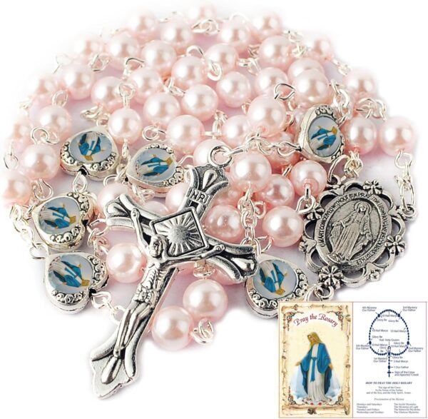 HanlinCC Glass Pearl Beads with Miraculous Epoxy Heart Metal Beads Rosary Necklace pack in Velvet Gift Bag with Rosary Pray Card