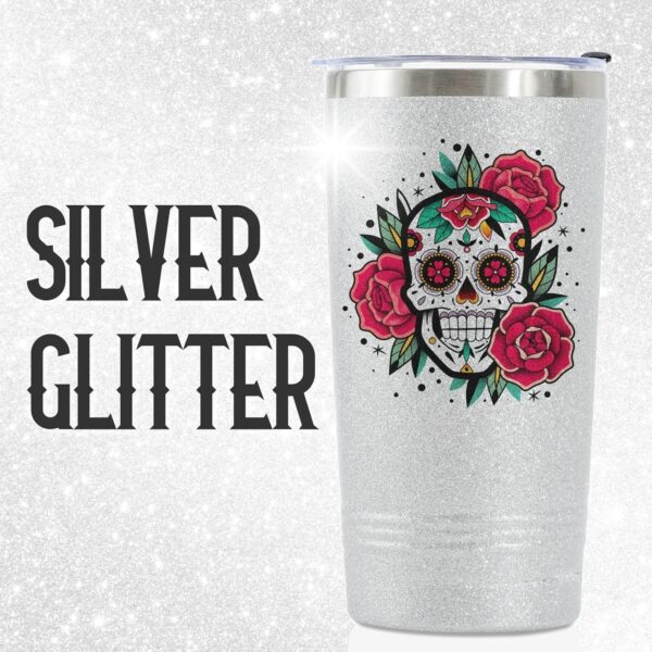 Onebttl Sugar Skull Gifts for Women, Day of the Dead, 20 oz Travel Tumbler with Lid, Brush, and Straw, Mexican Gifts, Silver Glitter - Image 2