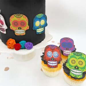 Large Edible Sugar Skulls Assorted Set of 12 - Wafer Cake & Cupcake Toppers - edible sugar skulls for cake decorating - Dia De Los Muertos & Halloween cupcake toppers