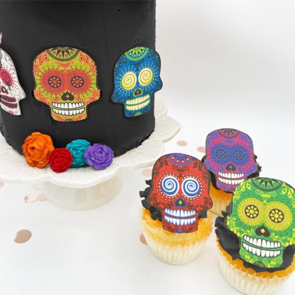 Large Edible Sugar Skulls Assorted Set of 12 - Wafer Cake & Cupcake Toppers - edible sugar skulls for cake decorating - Dia De Los Muertos & Halloween cupcake toppers