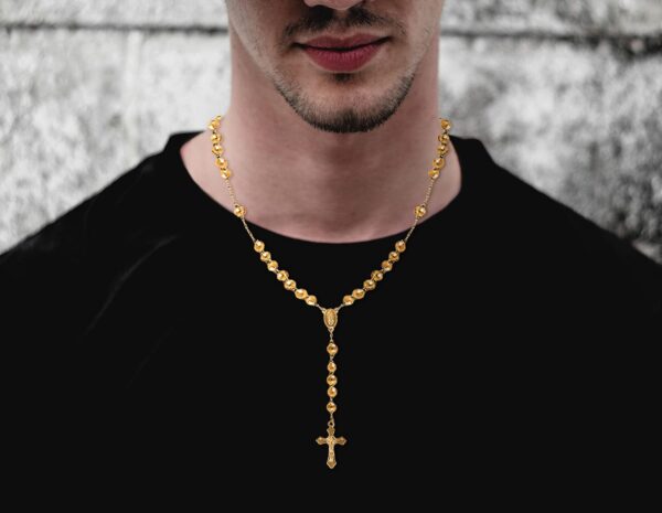 Savlano 14K Gold Plated Beaded Rosary Cross Necklace – 6.5MM Crucifix Cross Medallion Rosary Chain Y-Necklace for Women & Men Religious Jewelry Comes in Gold, Gold-Rose-Silver with a Gift Box - Image 4