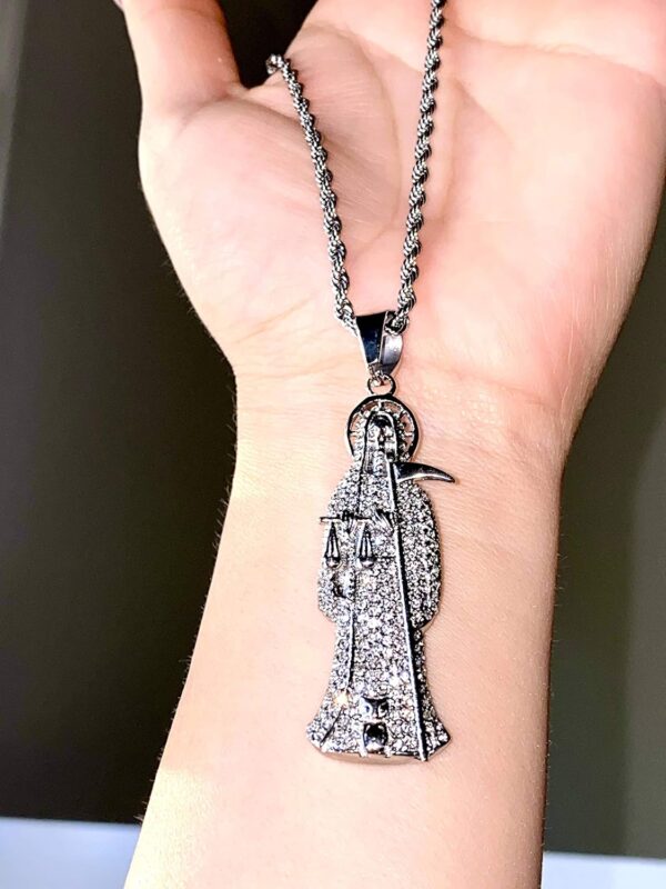 Iced Santa Muerte Men Women 14k White Gold Finish Pendant Stainless Steel Real 3 mm Rope Chain Necklace, Mens Jewelry, Iced Pendant, Rope Necklace Prime Delivery - Image 6