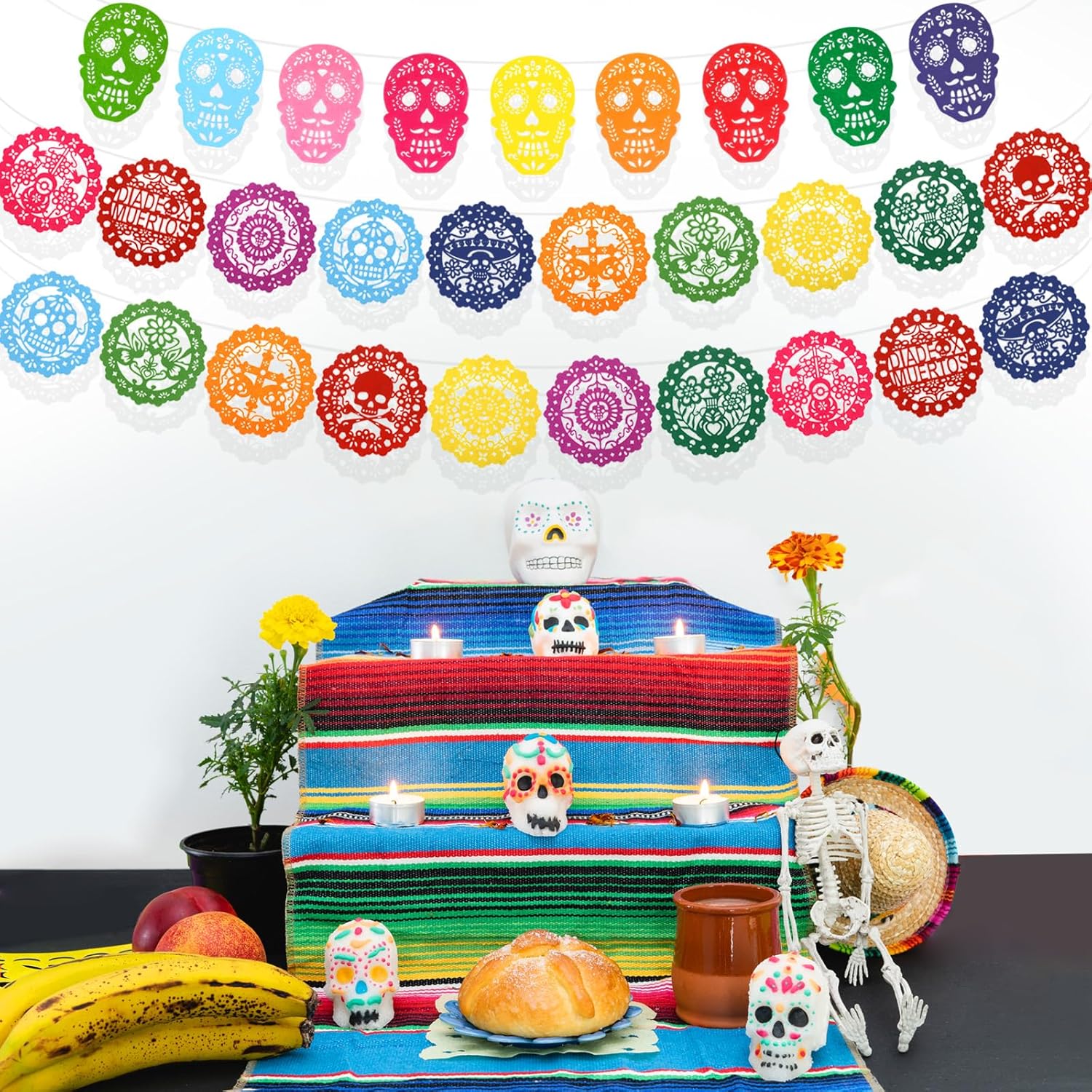 HOWAF 3 Pack Day of The Dead Felt Decorations, Dia De Los Muertos Papel Picado Hanging Mexican Skull Felt Bunting Banner for Fiesta Day of The Dead Garland - Image 4
