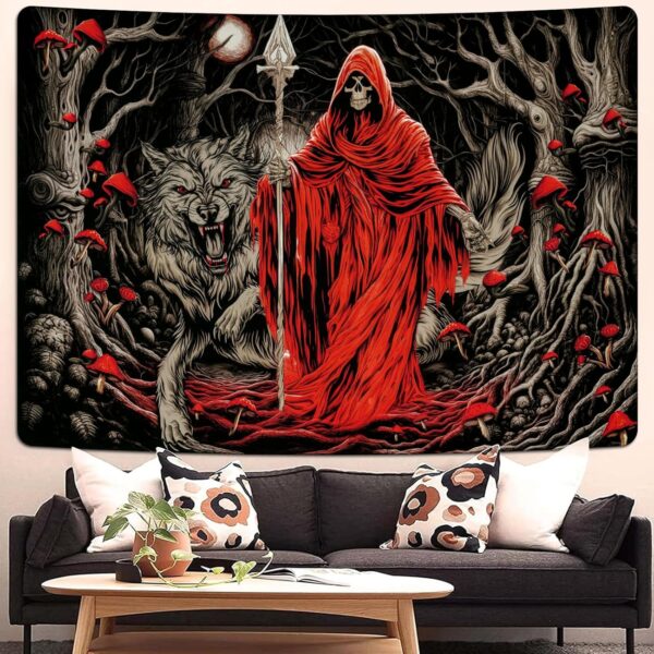 Invoibler Goth Wolf Moon Mushroom Skeleton Flowers Wall Tapestry for Bedroom (51.2 x 59.1 inches) - Image 3