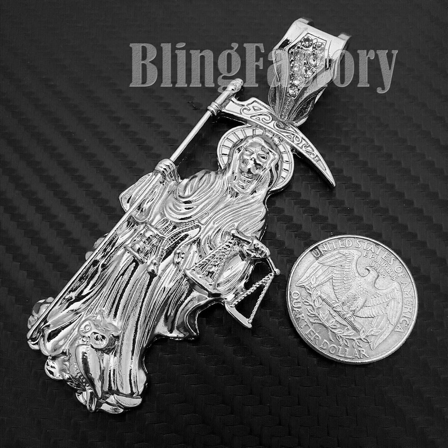 Hip Hop White Gold PT Saint Death Santa Muerte Pendant & 16" 18" 20" Iced Cuban Choker Chain Necklace - Image 5