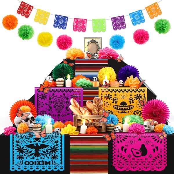 Newwiee 82 Pcs Day of the Dead Altar Decoration Kit Dia De Muertos Disposable Tablecloth Flameless LED Candle Paper Marigold Flower Fan Butterfly Mexican Papel Picado Banner Supplies (Multicolor)