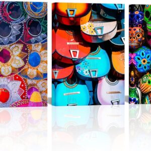 LyerArtork 3 Pieces Mexican Sombreros Hats Canvas Wall Art Colorful Skulls at Market Day of Dead Mexican Folk Music & Guitar Posters Prints Wall Decor Modern Artwork for Living Room 12"x16"x3pcs