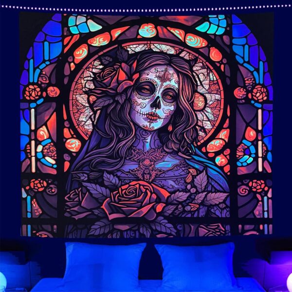 RILACON Day of The Dead Black Light Reactive Tapestry Rose Suger Skull Wall Hanging Tapestry Glow in the Dark Church Skeleton Poster Trippy Wall Art Decor for Bedroom Living Room