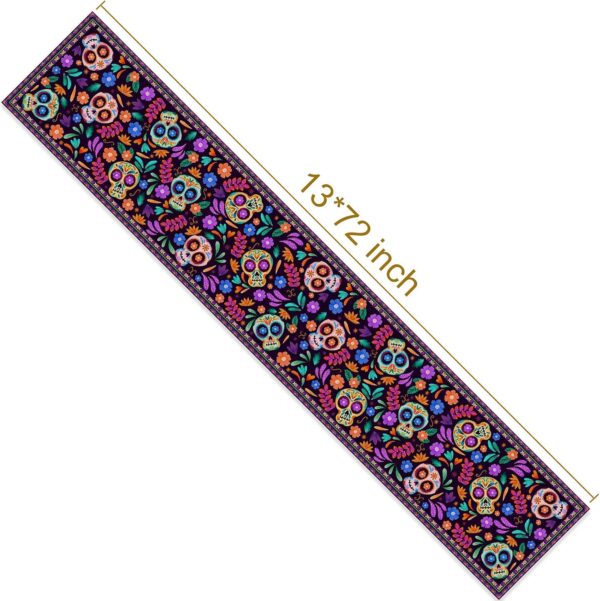 Dia De Los Muertos Table Runner Cinco de Mayo Rustic Linen Mexican Sugar Skull Day of The Dead Altar Decoration for Home Kitchen Dining Room (13" x 72") - Image 5