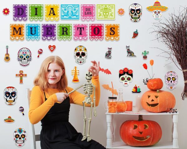 JUESMOS Day of The Dead Decorations Sugar Skull Cutouts Halloween Decor Dia De Los Muertos Colorful Skull Cutouts for Kids Students Classroom Bulletin Board Wall Decor Mexican Fiesta Party Supplies - Image 2