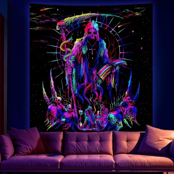 Avinyl Blacklight Skull Tapestry for Bedroom, Black Light Grim Reaper Skeleton Tapestries for Men, UV Reactive Cool Gothic Poster Wall Hanging for Girls Living Room Dorm Decor (51in x 60in) - Image 3