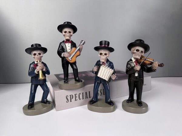 JORAE Skeletons Statue Mariachi Band Skull Halloween Figurines Home Decorative Set of 4 Day of The Dead Collectible Folk Musician Players, 5.5In