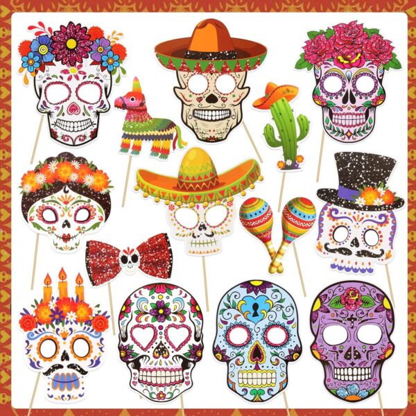 HOWAF Glitter Day of The Dead Photo Booth Props, Dia De Los Muertos Skull Decorations Photo Props Kits for Day of The Dead Party Favor, Mexican Fiesta Halloween Glitter Prop Pose Sign 30pcs - Image 2