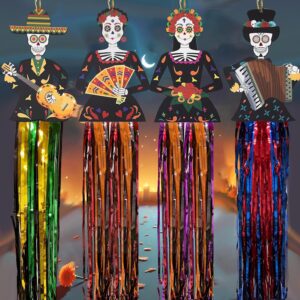 4 PCS Day of The Dead Sugar Skull Hanging Decorations, Dia De Los Muertos Decorations Mexican Fiesta Halloween Party Supplies for Ofrenda Altar Home Outdoor Decor