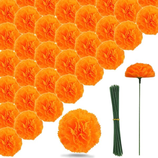 Artificial Marigold Flowers - 50 Pcs Halloween Decoration Orange Marigold Head Silk Fake Paper Flowers Garland Dia De Los Muertos Decor for Festival Backdrop (Orange)