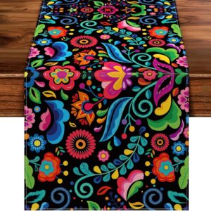 Mexican Table Runner Fiesta Dia De Los Muertos Decorations and Cinco De Mayo Mexico Rustic Linen Dining Room Kitchen Home Decor(13" x 108")