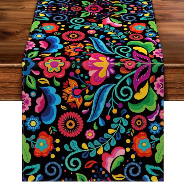 Mexican Table Runner Fiesta Dia De Los Muertos Decorations and Cinco De Mayo Mexico Rustic Linen Dining Room Kitchen Home Decor(13" x 108")