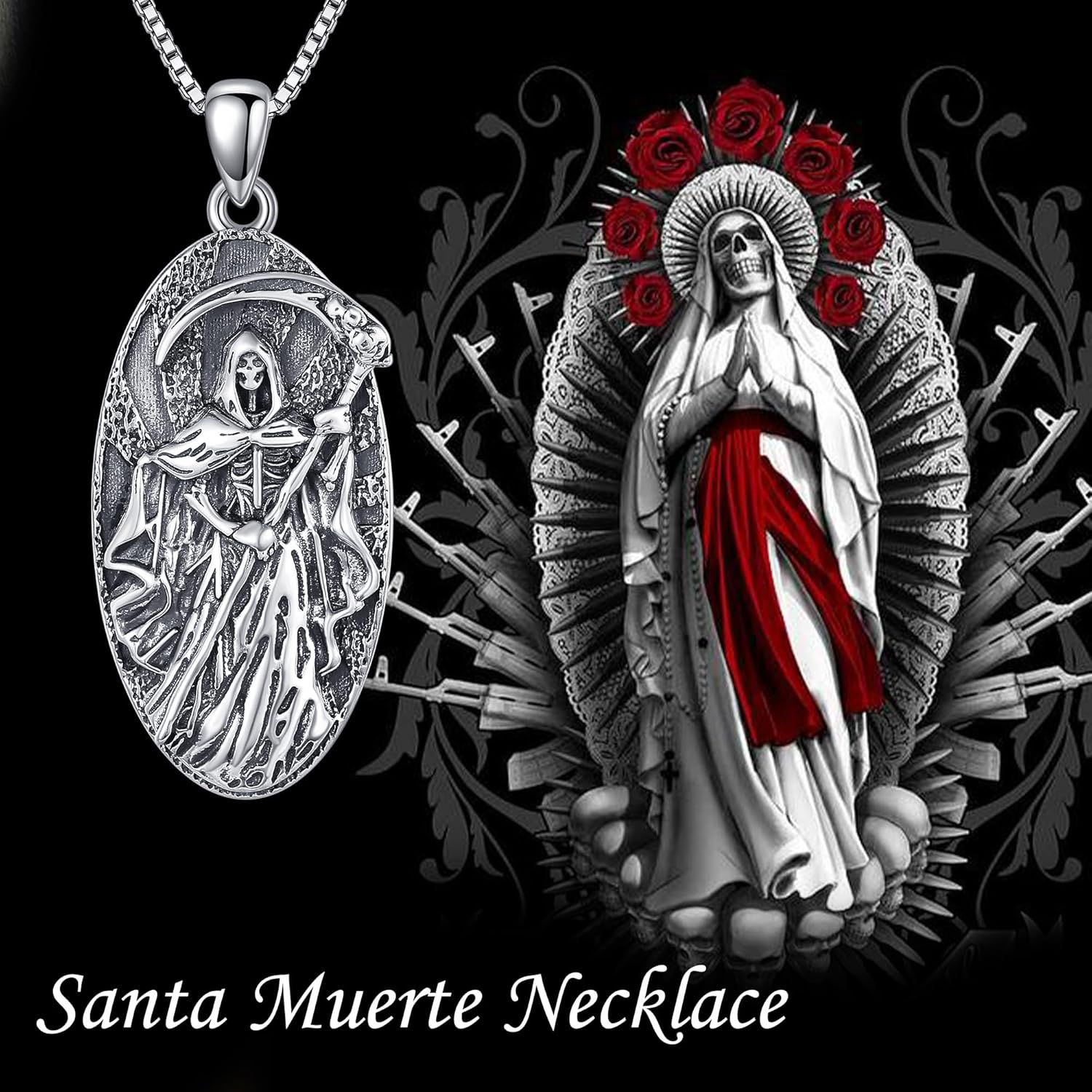 Santa Muerte Necklace 925 Sterling Silver Oxidation Grim Skull with Scythe Pendant Necklace Santa Muerte Jewelry for Men - Image 6
