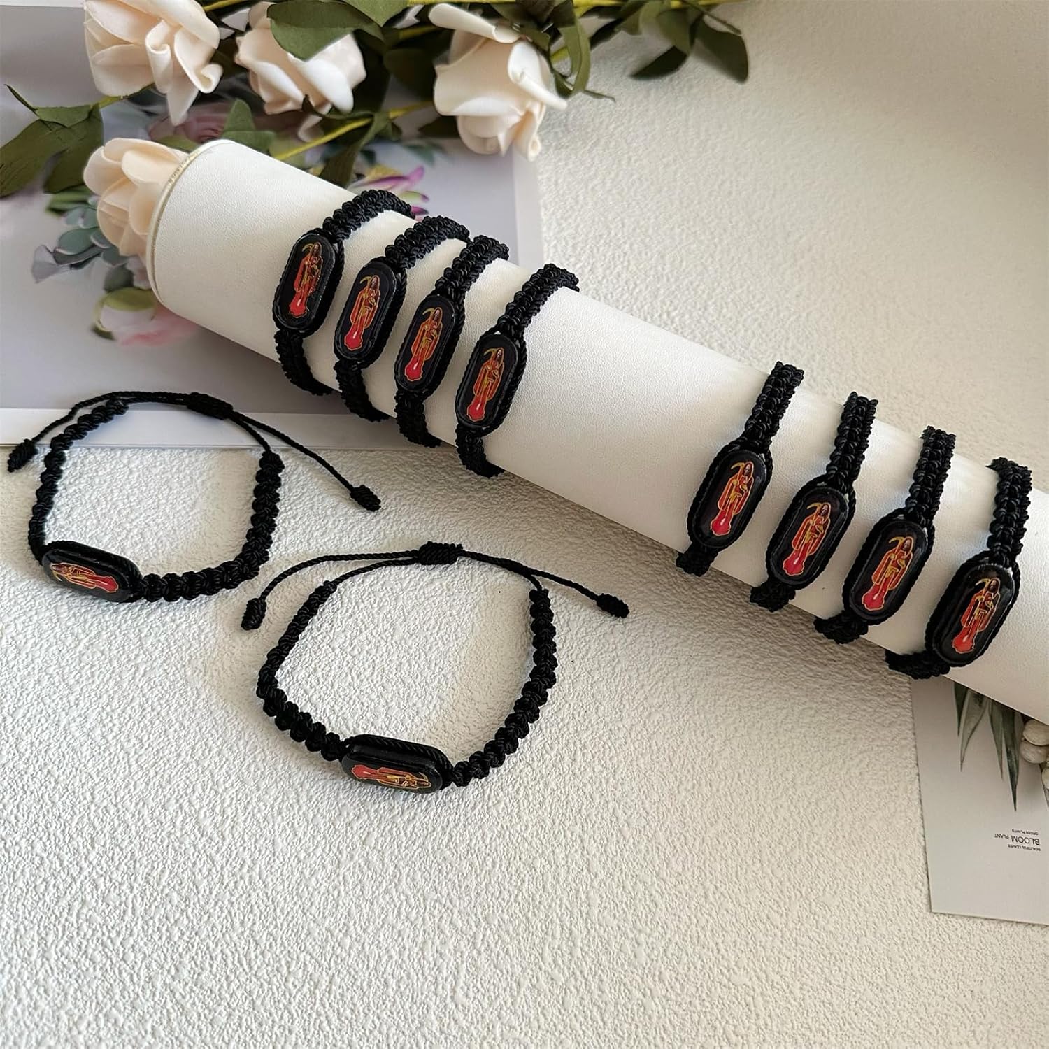 12 PCS Black Santa Muerte Bracelets, Handmade Red Thread Holy Death's Bracelet,Rosario de la santa muerte Prayer Gift For Men and Women - Image 3