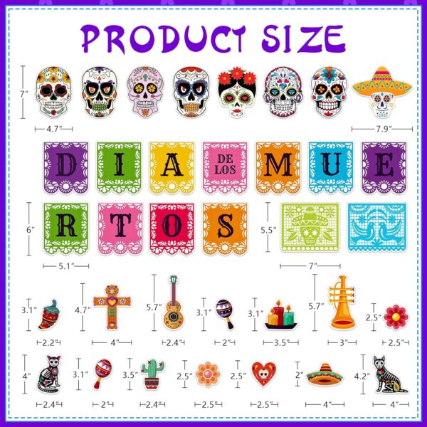JUESMOS Day of The Dead Decorations Sugar Skull Cutouts Halloween Decor Dia De Los Muertos Colorful Skull Cutouts for Kids Students Classroom Bulletin Board Wall Decor Mexican Fiesta Party Supplies - Image 6