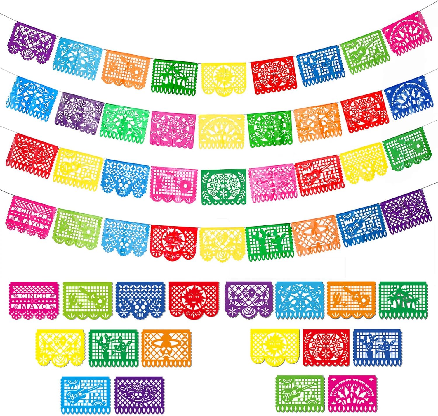 4 Packs Mexican Party Banner 60 Feet Fiesta Plastic Papel Picado Banner Cinco de Mayo Dia De Los Muertos Decor Day of The Dead Decorations Mexican Fiesta Themed Party Decorations Supplies
