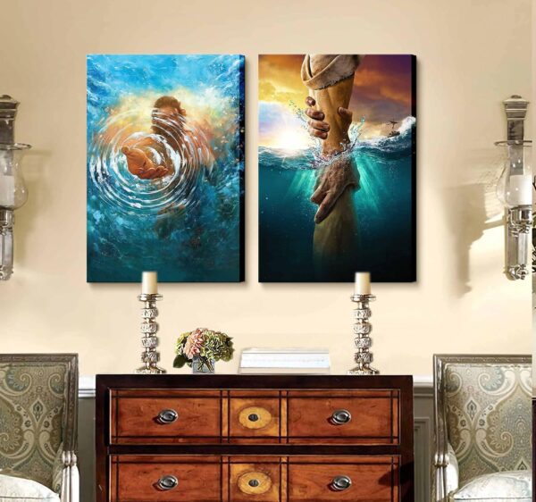 2 Pcs Framed Jesus wall art The Hand of God Jesus Reaching Into Water Christ Religion Canvas Wall Decor Blue Ocean Bible Pictures Posters Prints Paintings for Living Room Bedroom Church Decorations - Image 6