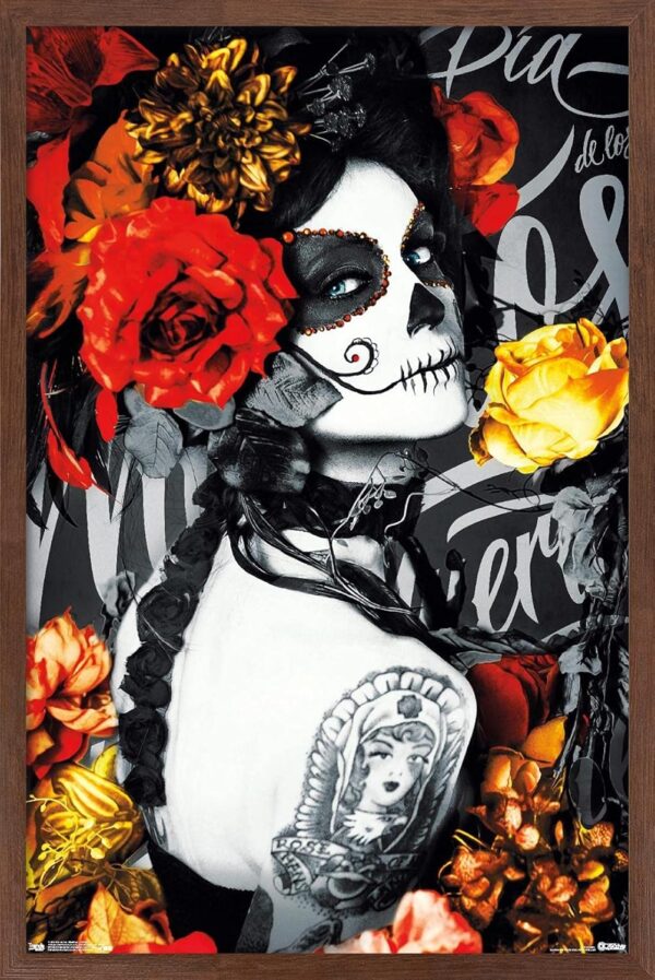 Trends International Día De Los Muertos - Tattoo Wall Poster, 22.375" x 34", Mahogany Framed Version