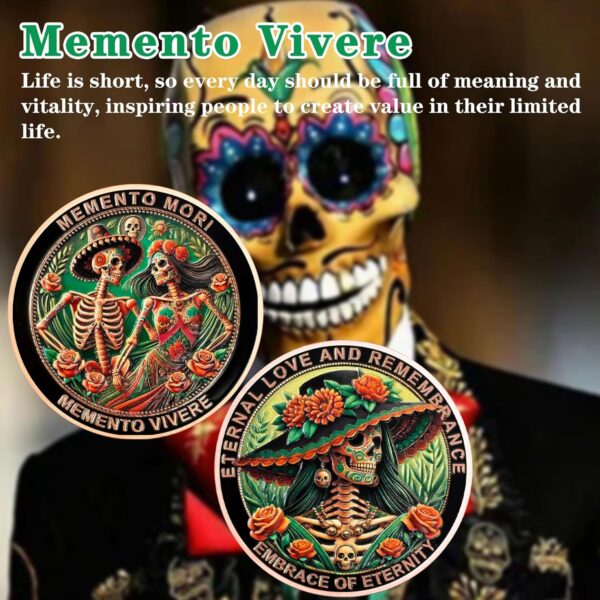 Memento Vivere Challenge Coin Momento Mori, La Catrina Coin Commemorate The Lost Embrace of Eternity Carpe Coin Time Reminder Inspirational CoinsGifts for Mexican Day of The Dead - Image 6