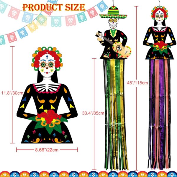4 Pieces Large Day of The Dead Decorations, 3.7ft Dia De Los Muertos Decorations Hanging Sugar Skull Decor with Metallic Foil Fringe for Mexican Fiesta Halloween Day of The Dead Altar Indoor & Outdoor - Image 2