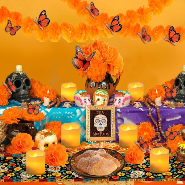 83pcs Dia De Los Muertos Decorations Ofrenda Kit - Day of the Dead Altar Decor Set,2 Marigold Garland 30 Marigold Flowers & Stems,Table Runner,12 Monarch Butterfly 6 Candle (table runner-Skull) - Image 4