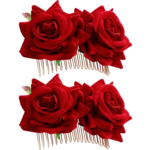 Bememo 2 Pack Women Rose Flower Hair Clip Rose Side Combs Flamenco Flowers Day of The Dead Costumes Mexican Hair Accessories for Wedding Party Mother's Day(Red)