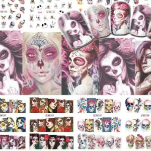 Day of The Dead Sugar Skull Nail Decals Dia de Los Muertos 12 Sets Over 120 Sugar Skull Day of The Dead Flowers Mexican Holiday Nail Art Halloween Decoration kit (1)