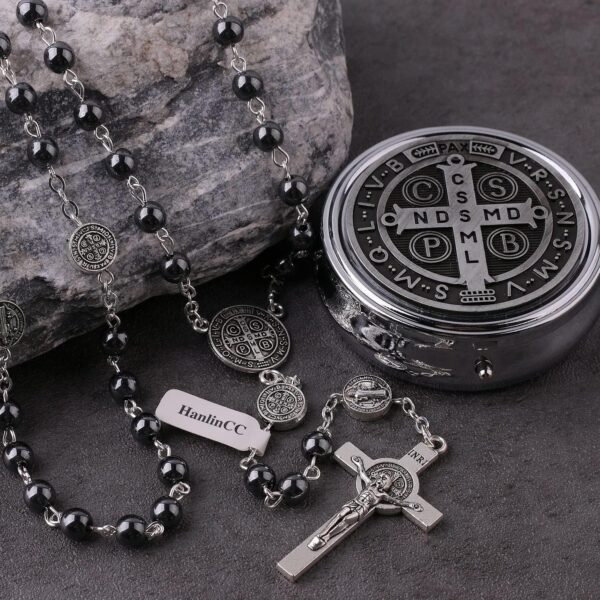 HanlinCC 6mm Hematite Stone Black Beads Catholic Saint Benedict Rosary Necklace for Men and Boy with St.Benedict Center Piece and Crucifix with Metal Gift Box - Image 5