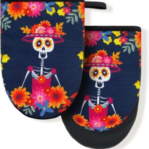 Dia De Los Muertos Mexican Day Skull Mini Silicone Oven Mitts, Heat Slip Resistant Kitchen Gloves 2-Pack Set, Soft Short Small Oven Mittens Pot Holders for Baking Grilling Barbecue Microwave Gift